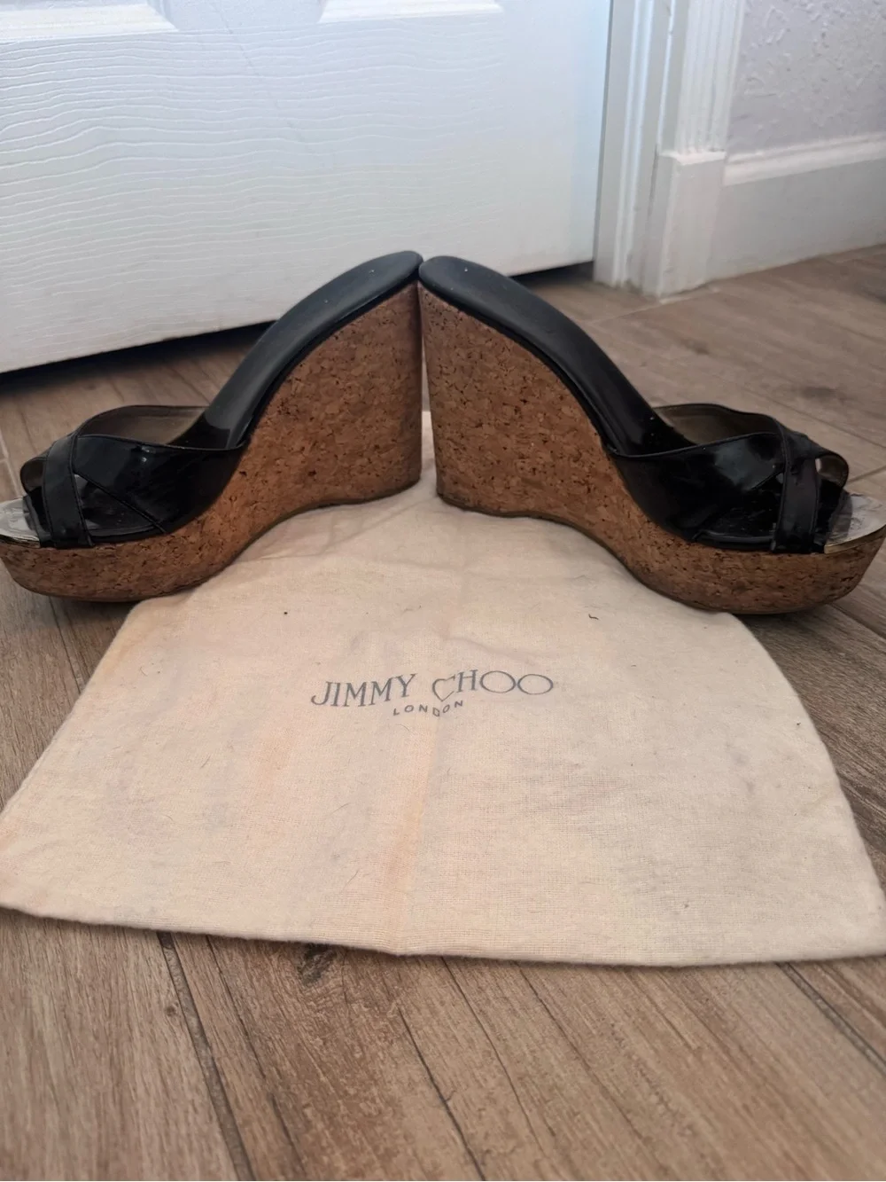 Jimmy Choo Black Patent Cork Platform Slide Sandals